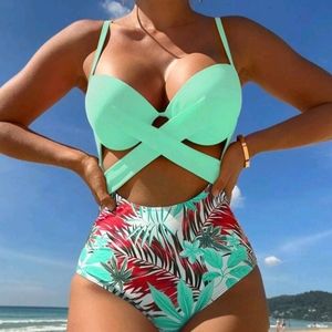 Tropical Print Cut Out Push Up One Piece Swimsuit